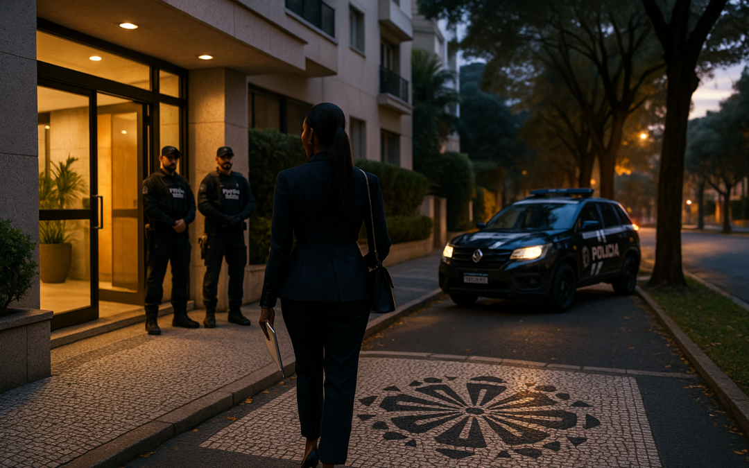 Busca e apreensão em Curitiba: advogada criminalista chega a condomínio de luxo sob escolta de policiais civis ao lado de viatura, com calçada em petit‑pavé de pinhão.