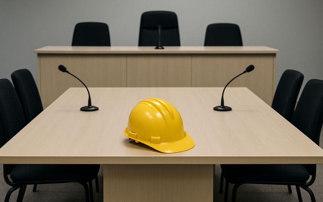 Sala de audiência com capacete EPI