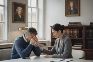 Retrato humanista de advogada criminalista (assistência à acusação) e vítima emocionalmente abalada em escritório de advocacia.