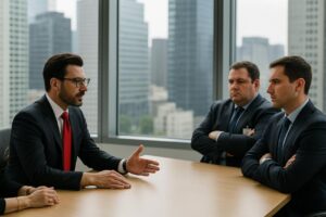 Negociação no processo penal: advogado e cliente frente a procuradores, mesa limpa, ambiente corporativo com skyline da Paulista.