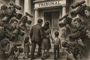Imagem representando família entrando no tribunal e a espetacularização do Direito Penal.
