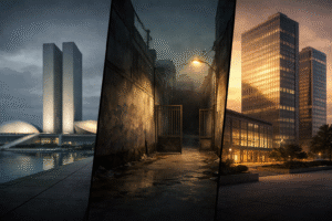 Ilustração editorial ao entardecer que conecta três esferas descritas no texto: à esquerda, o Congresso Nacional em Brasília sob luz fria e céu carregado, simbolizando a criação do Marco Legal; ao centro, um beco urbano vazio e sombreado, com portão entreaberto e luz precária, sugerindo controle territorial e investigação estrutural; à direita, torres corporativas de vidro refletindo luz quente, representando o ambiente empresarial impactado por bloqueios e medidas assecuratórias. As cenas se fundem em névoa suave, indicando como a legislação transborda do campo político para o território e, por fim, para a empresa.